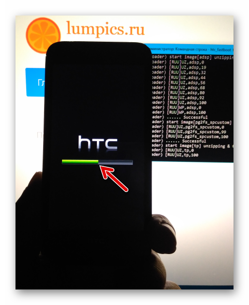 HTC Desire 601 индикатор выполнения на экране девайсе в процессе прошивки через Fastboot